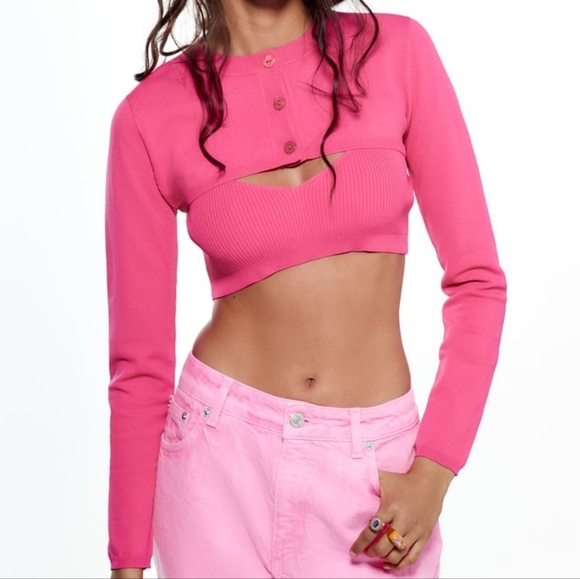 ZARA Pink Cropped Knit Cardigan Jacket